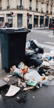 Overflowing bins and discarded rubbish littering a city sidewalk and street corner highlight themes of pollution, environmental issues, and urban waste management challenges in a metropolitan areaの素材