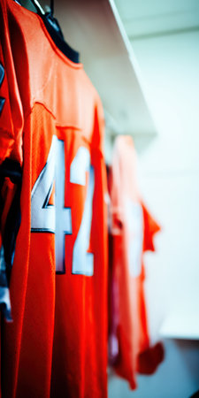 Orange football jersey with the number 42 hanging on a hook inside a locker room, symbolizing teamwork, sports, and athletic preparation before a gameの素材