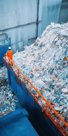 Worker in safety gear standing on a platform, monitoring a massive pile of mixed plastic waste and garbage, ready for sorting and recycling at a modern industrial plantの素材