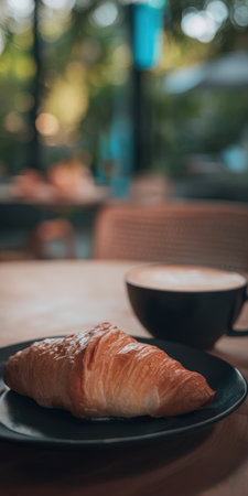 Freshly baked croissant dusted with powdered sugar on a black plate beside a cup of cappuccino, warm breakfast scene on a rustic wooden table with soft bokeh backgroundの素材