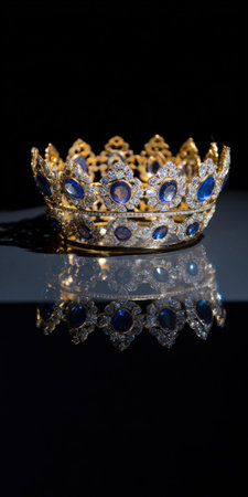 Golden crown studded with sapphires and diamonds, ornately detailed and shimmering as it reflects on a dark polished surface, evoking royal power, wealth, and timeless luxuryの素材