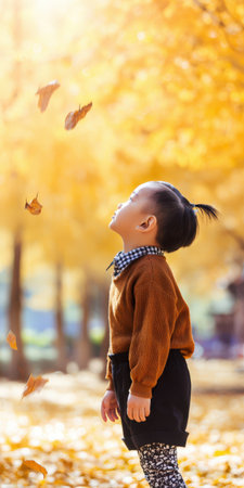 Child standing in a park looking up with a sense of wonder at golden autumn leaves falling from trees, connecting with nature during the vibrant seasonの素材