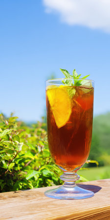 Iced tea with lemon and fresh mint serving as a refreshing cold beverage, standing on a wooden surface against a vibrant sunny blue sky and green foliage background during summerの素材
