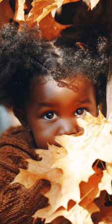 African american girl peeking through vibrant autumn leaves, smiling with curly hair and sweater while playing outdoors in a joyful, candid moment of childhood in the parkの素材