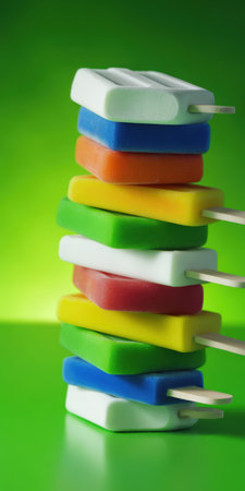 Stacked colorful popsicles, featuring various flavors and colors, forming a tall column against a bright green background, representing summer treats, refreshment, and sweet indulgenceの素材