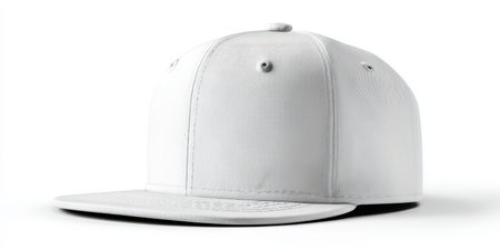 White blank flat brim snapback baseball cap isolated on a pure white background, showcasing a clean design perfect for branding, customization, and apparel mockupsの素材
