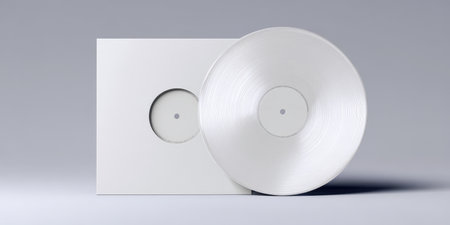 White vinyl record with matching blank album cover on a clean gray background, minimalist studio presentation for retro audio branding, mockup, and modern music design conceptsの素材