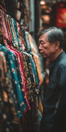 Senior asian man intently examining brightly patterned fabrics and garments on a market rack, weighing choices while browsing colorful textiles at an outdoor stallの素材