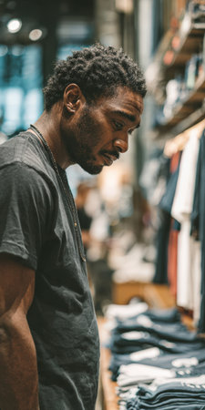 Black man shopping, carefully examining clothes on a display table inside a retail store, showing thoughtful decision-making while browsing merchandiseの素材
