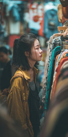 Young Asian woman meticulously browsing a rail of clothing items in a retail store, making a fashion selection while shopping for new apparel and stylish garmentsの素材
