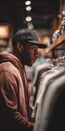 Young man in a retail store browsing clothing on a rack, focused on selecting a hoodie or cap and making a thoughtful purchase decision about his new casual styleの素材