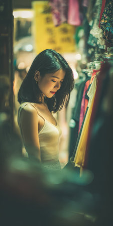 Asian woman standing at a vibrant night market, browsing through clothes racks with a thoughtful expression, enjoying the relaxed street shopping experienceの素材