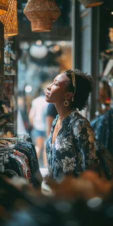 Young African American woman looking up and contemplating choices in a clothing store, finding inspiration and enjoying retail therapy during a lifestyle shopping excursionの素材