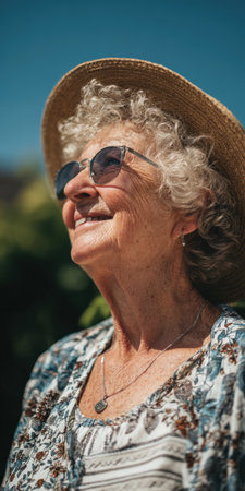 Senior woman in a straw hat and sunglasses smiling up at a clear blue sky, embracing sunshine, freedom and active retirement with joyful, relaxed confidenceの素材