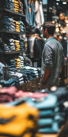 Man browsing folded clothing on display shelves in a modern retail store, scanning stacks of shirts and pants while choosing items during a casual shopping trip in a contemporary boutiqueの素材