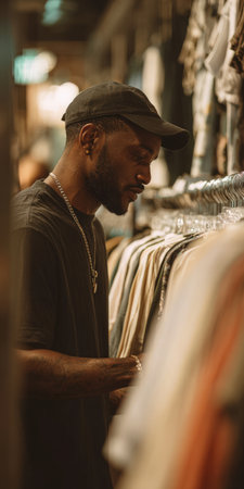 Young man wearing a cap intently browsing various garments on a clothing rack, carefully selecting items in a retail or thrift store, on focusing fashion and shoppingの素材