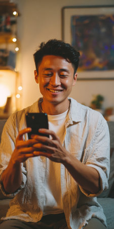 Young Asian man relaxing on couch at home in the evening, smiling as he scrolls and interacts with his phone, enjoying cozy, casual digital leisure and social browsingの素材