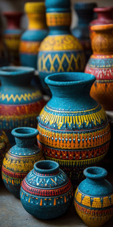 Handcrafted pottery vases showcasing vibrant colors and intricate traditional patterns, representing cultural artistry and artisan craftsmanship in a vertical compositionの素材