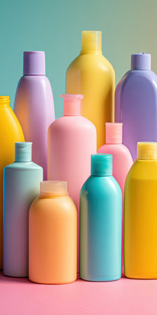 Plastic cosmetic bottles in a vertical arrangement showcasing a soft, pastel palette for skincare and personal care branding, packaging mockups, and clean beauty compositionsの素材