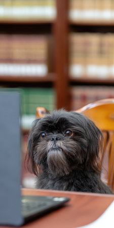 Cute griffon breed dog sitting at a desk with a laptop, looking attentively at the screen, presenting concepts of pet-friendly offices, remote work, intelligence, and companionshipの素材