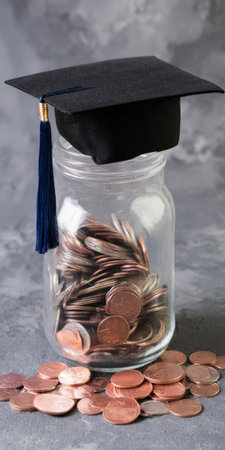 Graduation cap resting on a glass jar filled with coins, symbolizing saving for education, college fund, or future university expenses and financial planningの素材