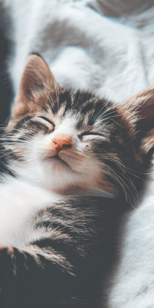Adorable tabby kitten curled up on a soft white blanket, peacefully asleep with eyes closed and whiskers relaxed, cozy indoor scene conveying warmth and calmnessの素材