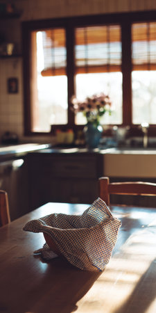 Empty wooden bread basket with a gingham cloth lining sits on a kitchen table, catching warm morning sunlight streaming through a window with a flower vase in the backgroundの素材