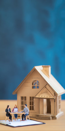Miniature figurines of a real estate agent meeting with a couple at a table, discussing property documents in front of a model house, representing home buying or investmentの素材