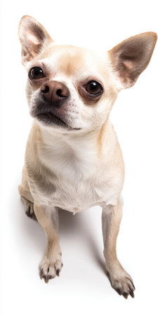 Chihuahua dog puppy sitting looking up with a curious expression, isolated on a white background, highlighting pet ownership, companionship, and domestic animalsの素材