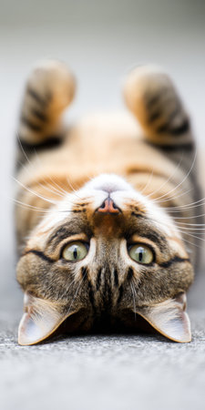 Cat lying on its back, head upside down, looking directly at the camera with wide green eyes and an inquisitive, playful expression, showing its whiskers and domestic animal charmの素材