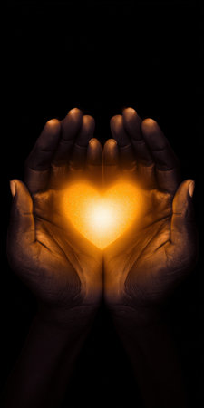 Hands with dark skin tone cupping an illuminated, radiant heart shape against a deep black background, symbolizing concepts of love, care, hope, giving, and charityの素材