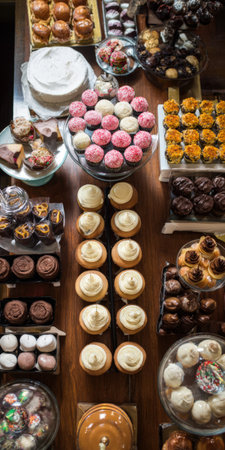 Overhead view showing a full table with a wide variety of baked goods, including cupcakes, muffins, cake, and many different kinds of desserts, prepared for an eventの素材