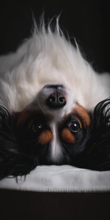 Papillon puppy lying upside down on a white blanket against a dark background, fluffy face and big expressive eyes looking directly at the camera in a playful portraitの素材