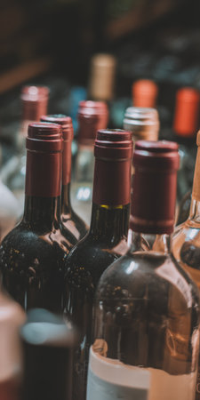 Rows of red-capped wine bottles standing upright, some dust-covered, forming a rustic cellar collection for aging and display in a dim, atmospheric storage settingの素材