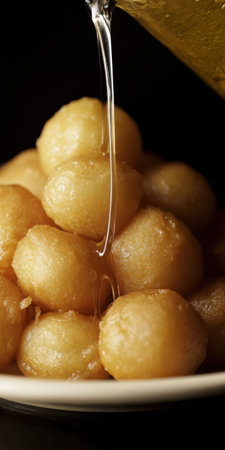 Crispy golden loukoumades stacked on a plate, warm honey slowly drizzling over the fried dough for a sticky, indulgent greek dessert perfect for breakfast or celebrationの素材