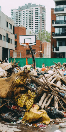 Basketball hoop standing over a massive pile of accumulated trash, signifying environmental pollution, urban neglect, and the impact of waste on public spacesの素材