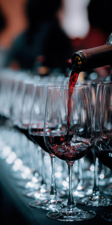 Red wine pouring from a bottle into a crystal glass, with a row of wine glasses blurred in the background, creating an elegant atmosphere for a celebrationの素材