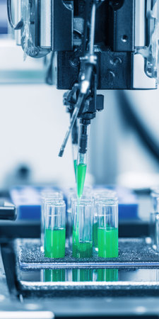 Robotic arm pipetting bright green solution into rows of glass test tubes, showcasing automated liquid handling, precision chemistry, biotech research and modern laboratory instrumentationの素材
