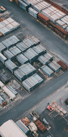 Industrial yard storing various bundles of new and rusted metal pipes and steel materials ready for construction and infrastructure projects, seen from an aerial perspectiveの素材