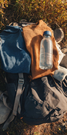 Backpack full of folded clothes and a reusable water bottle seen from directly above, resting on dry grass and leaves, representing preparation for outdoor travel and hiking adventureの素材
