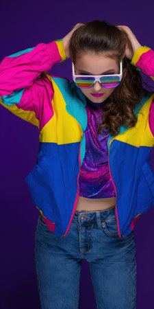 Woman in vibrant 80s outfit: multi-colored windbreaker, glitter crop top, acid-wash jeans and shutter shades posing confidently against a bold purple studio backdropの素材