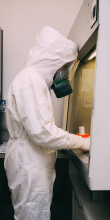 Scientist performing experiment inside a safety cabinet, wearing a full protective suit, respirator mask, face shield, and gloves, emphasizing personal protection and advanced researchの素材