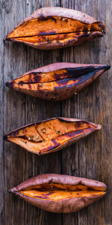 Baked sweet potatoes with crispy skins and tender orange flesh lined vertically on a weathered wooden surface, representing healthy vegetarian food and cookingの素材