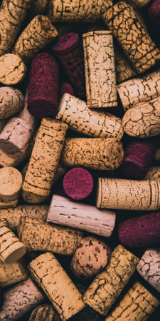 Wine corks in natural, pink and deep red tones create a textured, rustic background evoking wine culture, celebration, recycling and vintage charmの素材