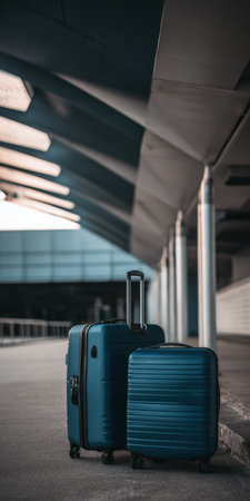 Two modern blue hard-shell suitcases, one large and one small, standing together on textured ground in a modern, well-lit airport or station terminal, representing an upcoming journey or vacationの素材