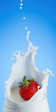Strawberry dropping into white milk, causing a dynamic splash with droplets flying up against a vibrant blue background, representing freshness and healthy drinksの素材