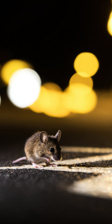 Wild mouse foraging on pavement at night, nibbling crumbs under warm city lights with soft bokeh glow, small furry rodent captured in detailed urban darknessの素材