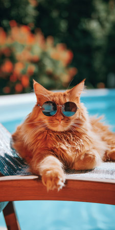 Fluffy ginger cat in cool sunglasses lounging on a poolside chair, soaking up sunshine and relaxing on a carefree summer day at a resort-like backyard poolの素材