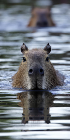 Capybara swimming with its head above the water, looking directly forward, with another capybara blurred in the background, creating a natural vertical animal portraitの素材
