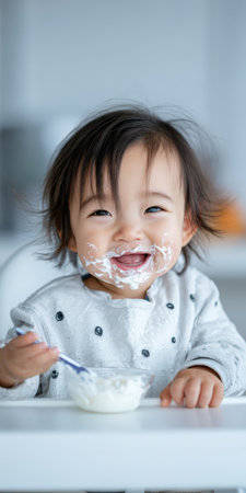 Happy toddler girl sitting in a high chair, wearing a bib, enthusiastically eating yogurt with a spoon, her face covered in food and capturing the joy of childhoodの素材